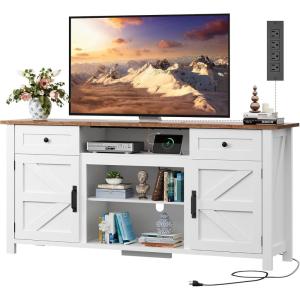 imageWLIVE TV Stand for 65 70 75 inch TV Modern Farmhouse Entertainment Center with Builtin Power Outlet TV Console with Storage Cabinets amp Drawers for Living Room BlackWhite