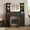 imageWLIVE Farmhouse Makeup Vanity Desk with Mirror and Lights White Dressing Table with Charging Station 2 Drawers and 2 Cabinets Rustic Girls Vanity Set with Stool for BedroomBlack