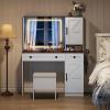 imageWLIVE Farmhouse Makeup Vanity Desk with Mirror and Lights White Dressing Table with Charging Station 2 Drawers and 2 Cabinets Rustic Girls Vanity Set with Stool for BedroomFarmhousewhite