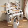 imageWLIVE Farmhouse Makeup Vanity Desk with Mirror and Lights White Dressing Table with Charging Station 2 Drawers and 2 Cabinets Rustic Girls Vanity Set with Stool for BedroomWhite
