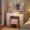 imageWLIVE Farmhouse Makeup Vanity Desk with Mirror and Lights White Dressing Table with Charging Station 2 Drawers and 2 Cabinets Rustic Girls Vanity Set with Stool for BedroomWhite