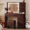 imageWLIVE Farmhouse Makeup Vanity Desk with Mirror and Lights White Dressing Table with Charging Station 2 Drawers and 2 Cabinets Rustic Girls Vanity Set with Stool for BedroomFarmhouseespresso
