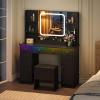 imageWLIVE Farmhouse Makeup Vanity Desk with Mirror and Lights White Dressing Table with Charging Station 2 Drawers and 2 Cabinets Rustic Girls Vanity Set with Stool for BedroomBlack