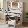 imageWLIVE Farmhouse Makeup Vanity Desk with Mirror and Lights White Dressing Table with Charging Station 2 Drawers and 2 Cabinets Rustic Girls Vanity Set with Stool for BedroomWhite