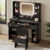 imageWLIVE Farmhouse Makeup Vanity Desk with Mirror and Lights White Dressing Table with Charging Station 2 Drawers and 2 Cabinets Rustic Girls Vanity Set with Stool for BedroomBlack
