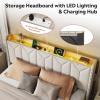 imageWLIVE Full Size Upholstered Bed Frame with 2 Drawers Storage Headboard Platform Bed with Charging Station and LED Light Sturdy Metal amp Wooden Slats Support No Box Spring Needed Light GreyBeige