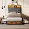 imageWLIVE Queen Bed Frame with 4 Storage Drawers Upholstered Bed Frame with Headboard Platform Bed with LED Lights and Charging Station 1500LBS Mattress Foundation No Box Spring NeededTwin