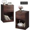 imageWLIVE Nightstand Set of 2 with Charging Station Wood Night Stand Sets with 2 Drawers and Open Shelf Bed Side Tables Bedroom Living Room EspressoEspresso