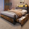 imageWLIVE Queen Bed Frame with 4 Storage Drawers Upholstered Bed Frame with Headboard Platform Bed with LED Lights and Charging Station 1500LBS Mattress Foundation No Box Spring NeededFull