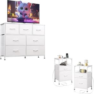 imageWLIVE 7 Drawer Dresser amp Night Stand Sets 2 Dressers for Bedroom Fabric Storage Tower Hallway Entryway Closets Sturdy Steel Frame Wood Top Easy Pull Handle White