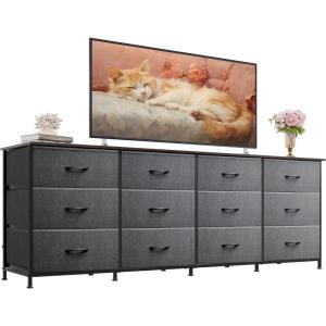 imageWLIVE 755 Black Dresser for Bedroom TV Stand for 65 75 80 85 Inch TV 12 Drawer Long Fabric Dresser with Wood Top Wide Entertainment Center Storage Chest for Living Room ClosetDark Grey