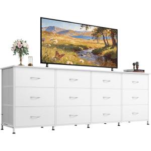 imageWLIVE 755 Black Dresser for Bedroom TV Stand for 65 75 80 85 Inch TV 12 Drawer Long Fabric Dresser with Wood Top Wide Entertainment Center Storage Chest for Living Room ClosetWhite