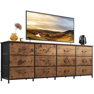 imageWLIVE 755 Black Dresser for Bedroom TV Stand for 65 75 80 85 Inch TV 12 Drawer Long Fabric Dresser with Wood Top Wide Entertainment Center Storage Chest for Living Room ClosetRustic Brown