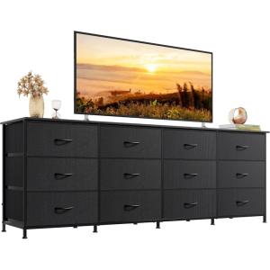 imageWLIVE 755 Black Dresser for Bedroom TV Stand for 65 75 80 85 Inch TV 12 Drawer Long Fabric Dresser with Wood Top Wide Entertainment Center Storage Chest for Living Room ClosetBlack