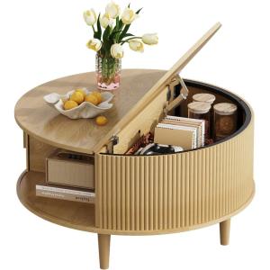 imageWLIVE Coffee Table 315 Round Coffee Tables with Storage and Sliding Cabinet Door Mid Century Modern Fluted Center Table for Living Room Small Space Natural Oak