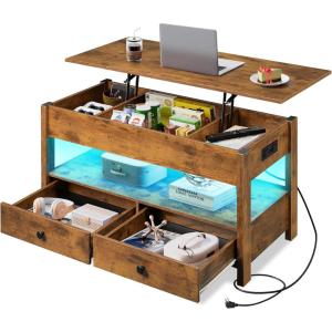 imageWLIVE Coffee Table Lift Top Coffee Table with 2 Drawers Large Hidden Compartment and Open Storage Shelf Lift Tabletop Dining Table for Living Room EspressoRustic Brown