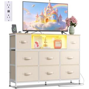 imageWLIVE Dresser TV Stand for 45 50 55 inch TV Entertainment Center with LED Lights amp Charging Station Chest of Drawers with 8 Fabric Drawers and Open Shelves for Living Room Hallway APinkCream White