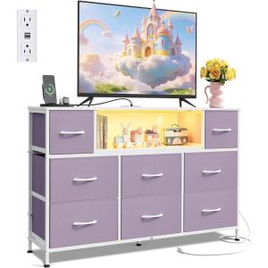 imageWLIVE Dresser TV Stand for 45 50 55 inch TV Entertainment Center with LED Lights amp Charging Station Chest of Drawers with 8 Fabric Drawers and Open Shelves for Living Room Hallway APinkPurple