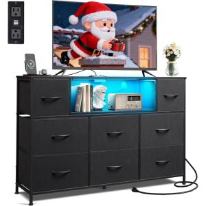 imageWLIVE Dresser TV Stand for 45 50 55 inch TV Entertainment Center with LED Lights amp Charging Station Chest of Drawers with 8 Fabric Drawers and Open Shelves for Living Room Hallway APinkBlack