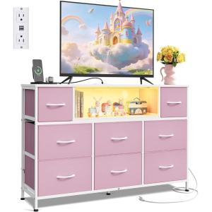 imageWLIVE Dresser TV Stand for 45 50 55 inch TV Entertainment Center with LED Lights amp Charging Station Chest of Drawers with 8 Fabric Drawers and Open Shelves for Living Room Hallway APinkApink