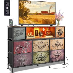 imageWLIVE Dresser TV Stand for 45 50 55 inch TV Entertainment Center with LED Lights amp Charging Station Chest of Drawers with 8 Fabric Drawers and Open Shelves for Living Room Hallway APinkPattern