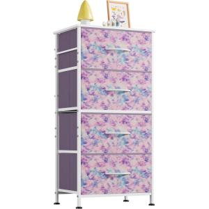 imageWLIVE Dresser with 4 Drawers Storage Tower Organizer Unit Fabric Dresser for Bedroom Hallway Entryway Closets Sturdy Steel Frame Wood Top Easy Pull Handle Vintage GreenTiedye Purple Print
