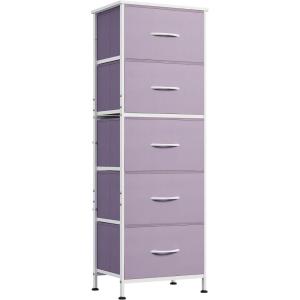 imageWLIVE Fabric Dresser 5Drawer Tall Dressers for Bedroom Storage Dresser Organizer with Fabric Bins Wood Top Sturdy Steel Frame Chest of Drawers for Closet Hallway PatternPurple