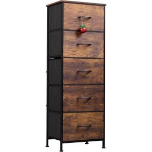 imageWLIVE Fabric Dresser 5Drawer Tall Dressers for Bedroom Storage Dresser Organizer with Fabric Bins Wood Top Sturdy Steel Frame Chest of Drawers for Closet Hallway PatternRustic Brown Wood Grain Print
