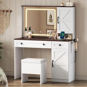 imageWLIVE Farmhouse Makeup Vanity Desk with Mirror and Lights White Dressing Table with Charging Station 2 Drawers and 2 Cabinets Rustic Girls Vanity Set with Stool for BedroomFarmhousewhite