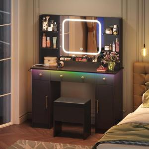imageWLIVE Farmhouse Makeup Vanity Desk with Mirror and Lights White Dressing Table with Charging Station 2 Drawers and 2 Cabinets Rustic Girls Vanity Set with Stool for BedroomBlack