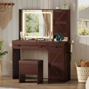 imageWLIVE Farmhouse Makeup Vanity Desk with Mirror and Lights White Dressing Table with Charging Station 2 Drawers and 2 Cabinets Rustic Girls Vanity Set with Stool for BedroomFarmhouseespresso