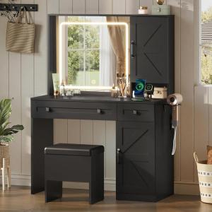imageWLIVE Farmhouse Makeup Vanity Desk with Mirror and Lights White Dressing Table with Charging Station 2 Drawers and 2 Cabinets Rustic Girls Vanity Set with Stool for BedroomFarmhouseblack