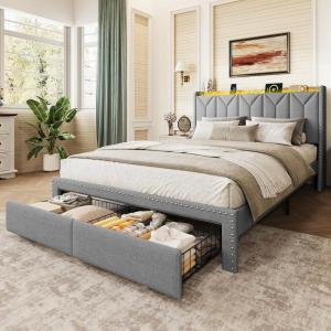 imageWLIVE Full Size Upholstered Bed Frame with 2 Drawers Storage Headboard Platform Bed with Charging Station and LED Light Sturdy Metal amp Wooden Slats Support No Box Spring Needed Light GreyGrey