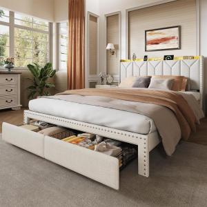imageWLIVE Full Size Upholstered Bed Frame with 2 Drawers Storage Headboard Platform Bed with Charging Station and LED Light Sturdy Metal amp Wooden Slats Support No Box Spring Needed Light GreyBeige