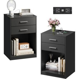 imageWLIVE Nightstand Set of 2 with Charging Station Wood Night Stand Sets with 2 Drawers and Open Shelf Bed Side Tables Bedroom Living Room EspressoBlack