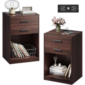 imageWLIVE Nightstand Set of 2 with Charging Station Wood Night Stand Sets with 2 Drawers and Open Shelf Bed Side Tables Bedroom Living Room EspressoEspresso
