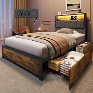 imageWLIVE Queen Bed Frame with 4 Storage Drawers Upholstered Bed Frame with Headboard Platform Bed with LED Lights and Charging Station 1500LBS Mattress Foundation No Box Spring NeededTwin