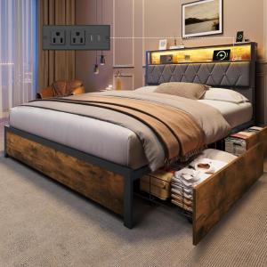 imageWLIVE Queen Bed Frame with 4 Storage Drawers Upholstered Bed Frame with Headboard Platform Bed with LED Lights and Charging Station 1500LBS Mattress Foundation No Box Spring NeededFull