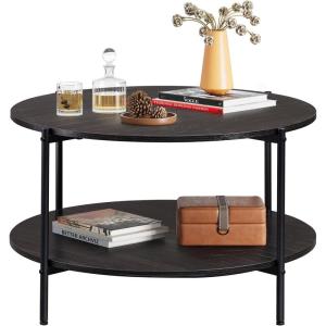 imageWLIVE Round Coffee Table for Living Room 326 Small Coffee Table with Open Storage Shelf 2Tier Industrial Circle Wood Center Table for Bedroom Home Office Charcoal Black