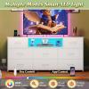 imageWLIVE White Dresser TV Stand for 55 60 65 inch TV Entertainment Center with LED Lights amp Charging Station TV Media Console Table with 13 Fabric Drawers and Open Shelves for Living Room Wood TopWhite
