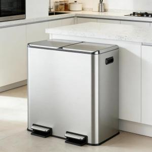 imageWLIVE 2 x 8 Gallon Dual Compartment Trash Can Stainless Steel PetProof Double Garbage Can Kitchen with Lid Inner Buckets and Deodorizing Filter Box Trash and Recycle Bin Combo SilverSilver