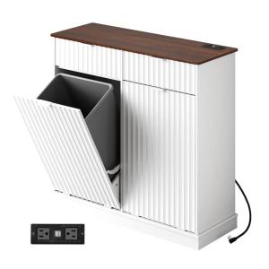 imageWLIVE 210 Gallon Double Tilt Out Trash Can Cabinet Hidden Trash Can Cabinet with 2 AC USB Outlets Storage Drawers FoodClothes Storage Pet Proof Kitchen Trash bin Cabinet for Living Room White