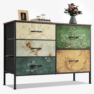 imageWLIVE Dresser for Bedroom with 5 Drawers Wide Chest of Drawers for Bedroom Fabric Dresser for Living Room Closet Hallway Cream WhiteFloral Painted
