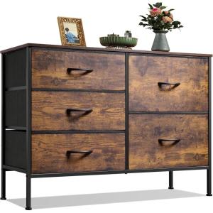 imageWLIVE Dresser for Bedroom with 5 Drawers Wide Chest of Drawers for Bedroom Fabric Dresser for Living Room Closet Hallway Cream WhiteRustic Brown Wood Grain Print