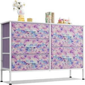 imageWLIVE Dresser for Bedroom with 5 Drawers Wide Chest of Drawers for Bedroom Fabric Dresser for Living Room Closet Hallway Cream WhiteTiedye Purple Print