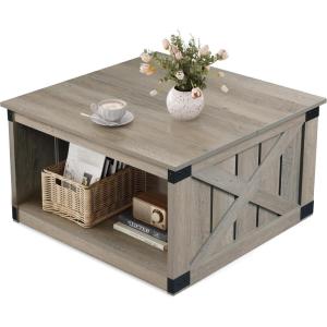 imageWLIVE Farmhouse Coffee Table 43 Coffee Table for Living Room Modern Center Table with Storage Shelf V Shaped Support GreyampWhiteGreige