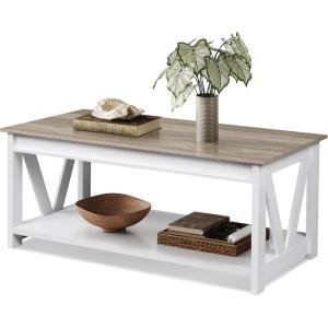 imageWLIVE Farmhouse Coffee Table 43 Coffee Table for Living Room Modern Center Table with Storage Shelf V Shaped Support GreyampWhiteGreywhite