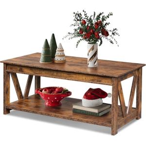imageWLIVE Farmhouse Coffee Table 43 Coffee Table for Living Room Modern Center Table with Storage Shelf V Shaped Support GreyampWhiteRustic Brown