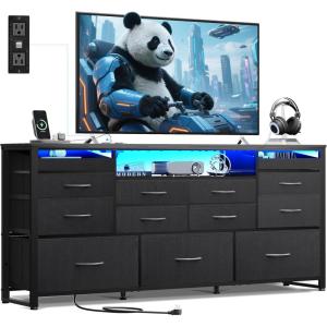 imageWLIVE White Dresser TV Stand for 55 60 65 inch TV Entertainment Center with LED Lights amp Charging Station TV Media Console Table with 13 Fabric Drawers and Open Shelves for Living Room Wood TopBlack