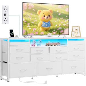imageWLIVE White Dresser TV Stand for 55 60 65 inch TV Entertainment Center with LED Lights amp Charging Station TV Media Console Table with 13 Fabric Drawers and Open Shelves for Living Room Wood TopWhite